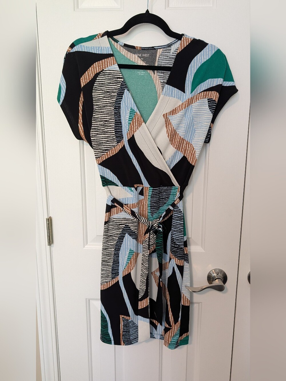 Nine West Black, Teal & Blush Abstract Wrap Dress